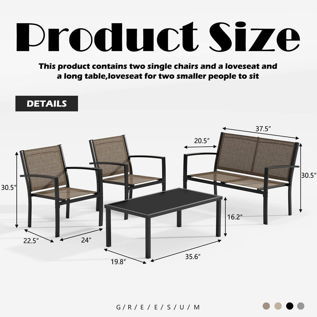 Greesum GS-LCT4PCSBN 4 Pieces Patio Furniture Set Outdoor Conversation Textilene Fabric Chairs for Lawn, Garden, Balcony, Poolside with A Glass Coffee Table, Brown
