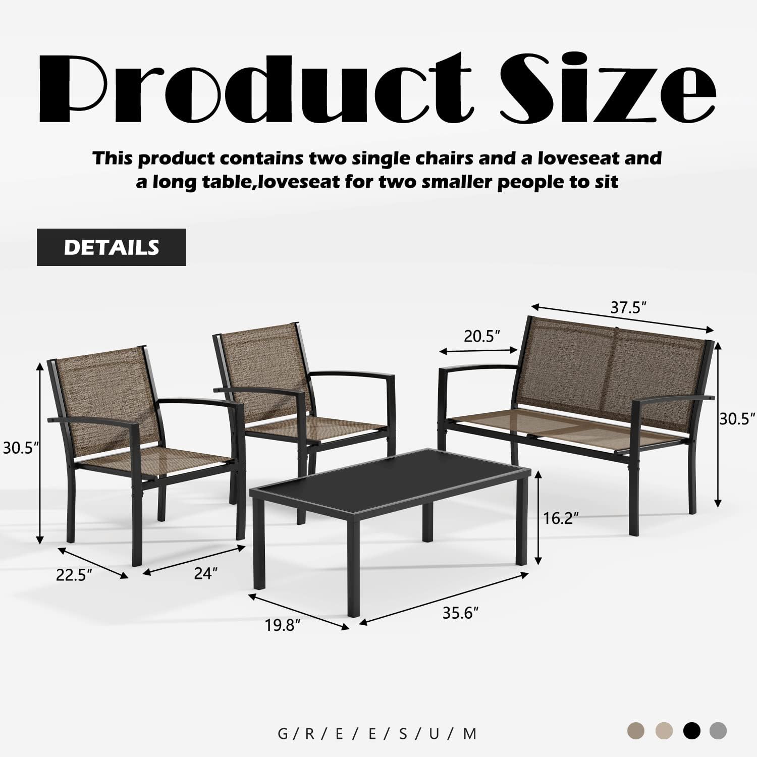 Greesum GS-LCT4PCSBN 4 Pieces Patio Furniture Set Outdoor Conversation Textilene Fabric Chairs for Lawn, Garden, Balcony, Poolside with A Glass Coffee Table, Brown