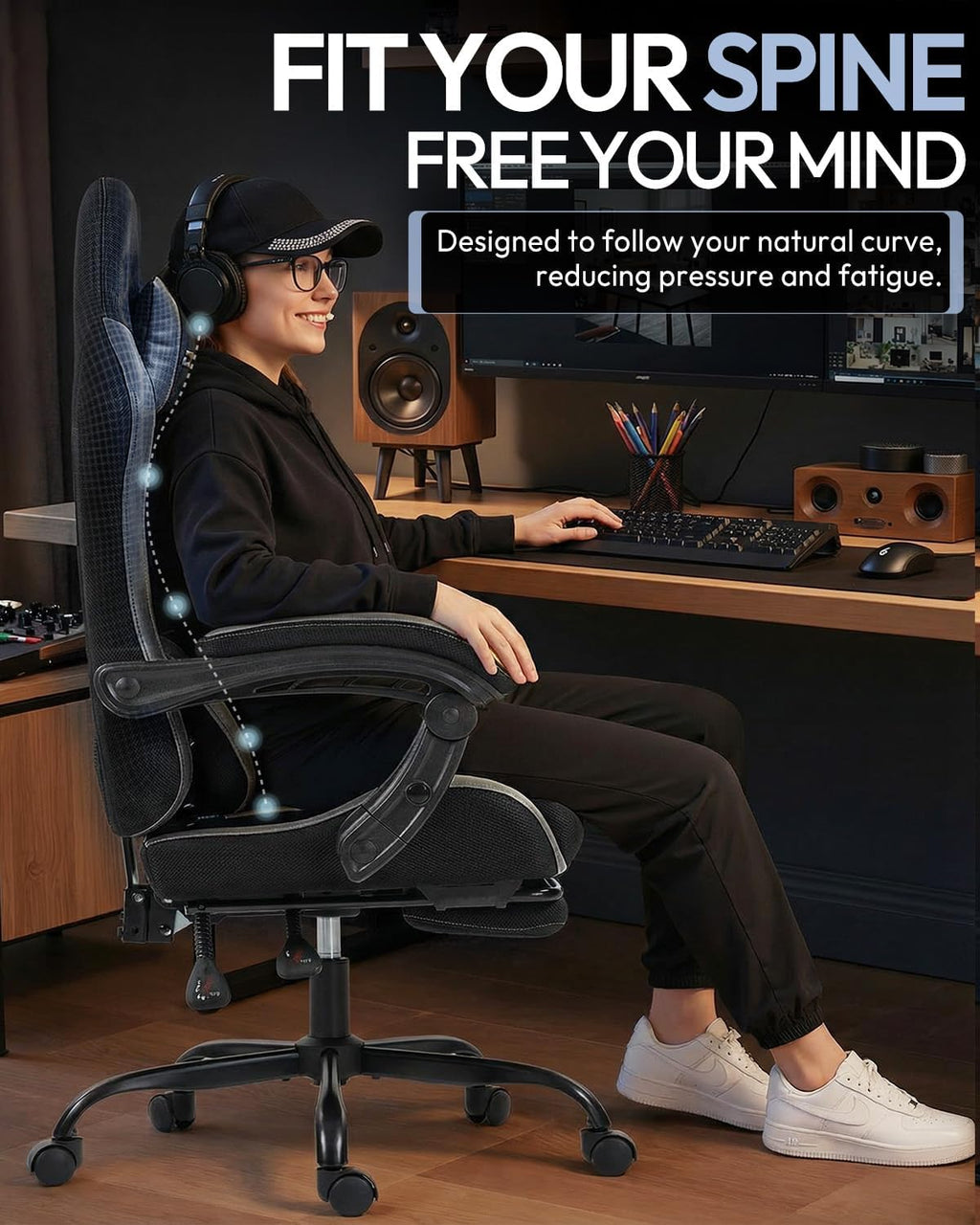 Gaming Chair with Footrest, Ergonomic 330lbs Leather Mesh Chair, Massage Lumbar Support, Adjustable Height & Headrest Pillow, Breathable Seat for Office, Home, Streaming, Long Gaming Sessions, Onyx