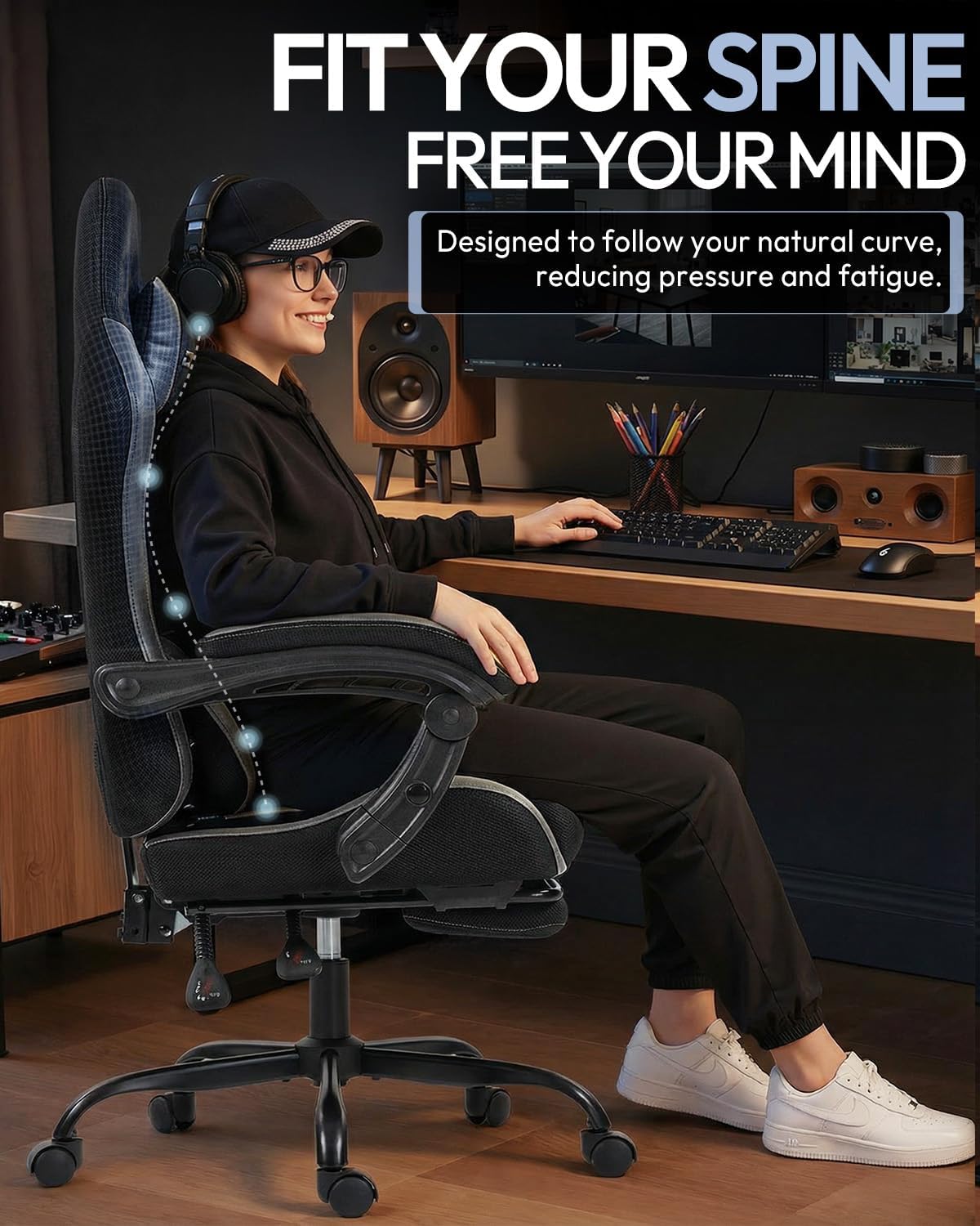 Gaming Chair with Footrest, Ergonomic 330lbs Leather Mesh Chair, Massage Lumbar Support, Adjustable Height & Headrest Pillow, Breathable Seat for Office, Home, Streaming, Long Gaming Sessions, Onyx