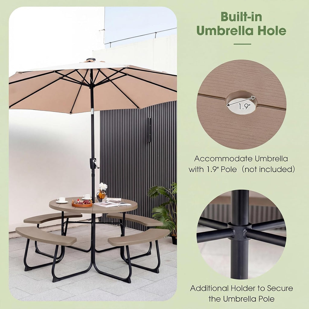 Giantex Picnic Table Set for Up to 8 Persons, Round Outdoor Table and Bench Set with Umbrella Hole, HDPE Top & Metal Frame, 2000LBS Capacity, Patio Table Bench for Deck Backyard Garden, Coral Reef