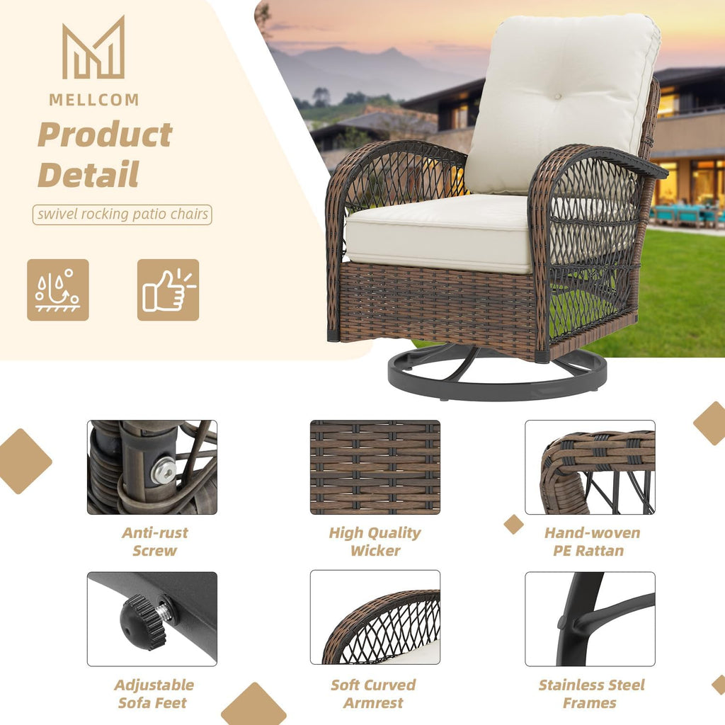 MELLCOM 3 Pieces Patio Furniture Set, Outdoor Swivel Rocker Patio Chairs, Wicker Patio Bistro Set with Rocking Chair, Thickened Cushions and Glass Coffee Table for Backyard, Garden, Beige