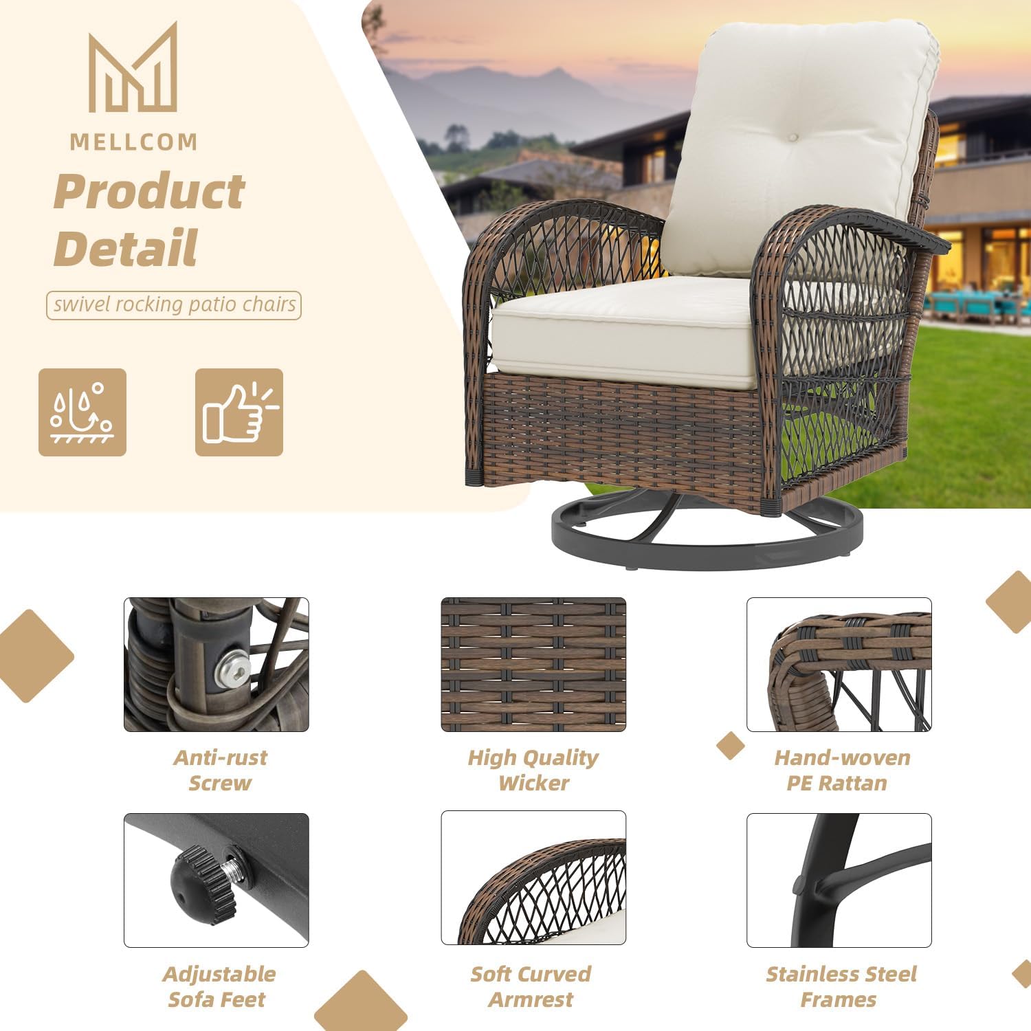 MELLCOM 3 Pieces Patio Furniture Set, Outdoor Swivel Rocker Patio Chairs, Wicker Patio Bistro Set with Rocking Chair, Thickened Cushions and Glass Coffee Table for Backyard, Garden, Beige