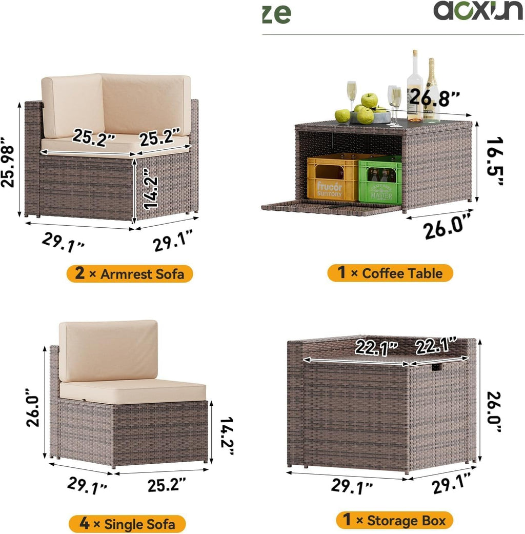 Aoxun 8 Piece Patio Furniture Set, Wicker Rattan Outdoor Furniture Set with Storage Box and Glass Top Table, Patio Sectional Set with Thick Cushions & Waterproof Cover, Beige