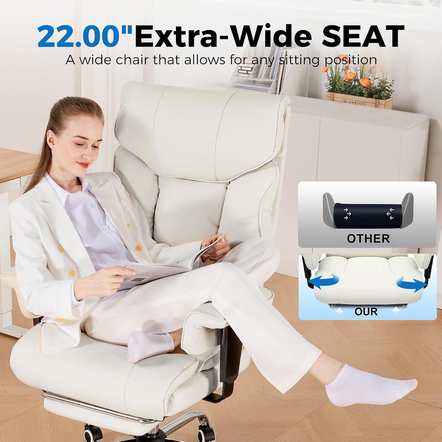COMHOMA Big and Tall Office Chair 400lbs High Back Leather Executive Chair with Ergonomic Lumbar Support & Pocket Spring Cushion for Lower Back Pain Relief, Computer Gaming Chair with Foot Rest, Beige