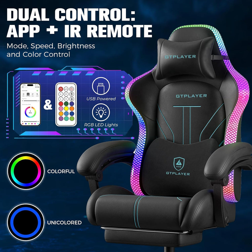 GTPLAYER Gaming Chair, Computer Chair with RGB LED Lights, High Back Ergonomic Chair for Adults with Footrest, Reclining Office Chairs, Linkage Armrest, Blue