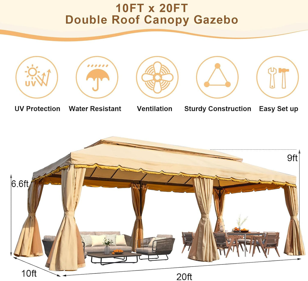 Erommy 10x20 Outdoor Canopy Gazebo, Double Roof Patio Gazebo Steel Frame with Netting and Shade Curtains for Garden,Patio,Party Canopy, Beige