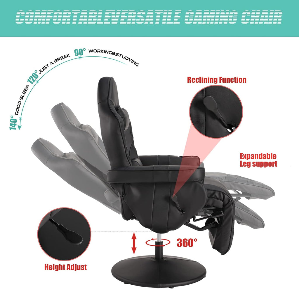 LVUYOYO Reclining Gaming Chair, Gaming Chair with Footrest and Massage, High Back PU Leather Gaming Recliner w/Adjustable Height, Swivel Game Chair with Lumbar Support, Cup Holder, Headrest