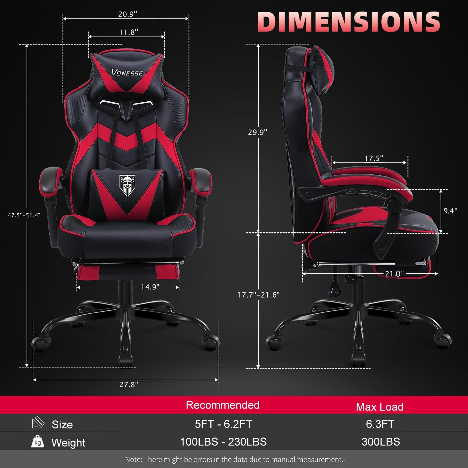 Vonesse Gaming Chair, High Back Gaming Chair with Footrest and Massage, Gaming Chairs for Adults with Pocket Spring Cushion, Big and Tall Reclining Computer Chair with Lumbar Support (Red/Black)