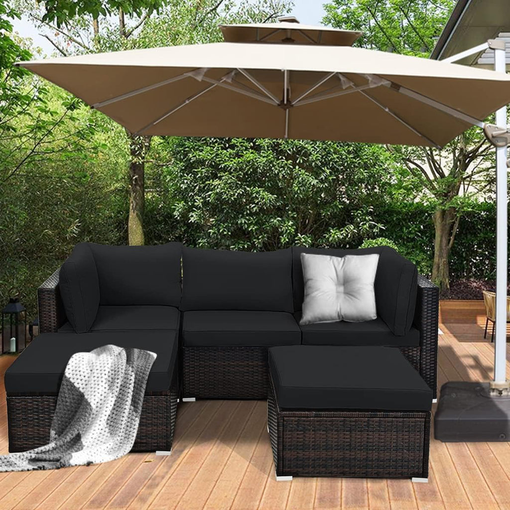 COSTWAY 5-Piece Outdoor Patio Furniture Set, Side Table, Ottoman and Lounge Sofa with Cushions, PE Rattan Conversation Set for Garden, Deck, Backyard (Black)