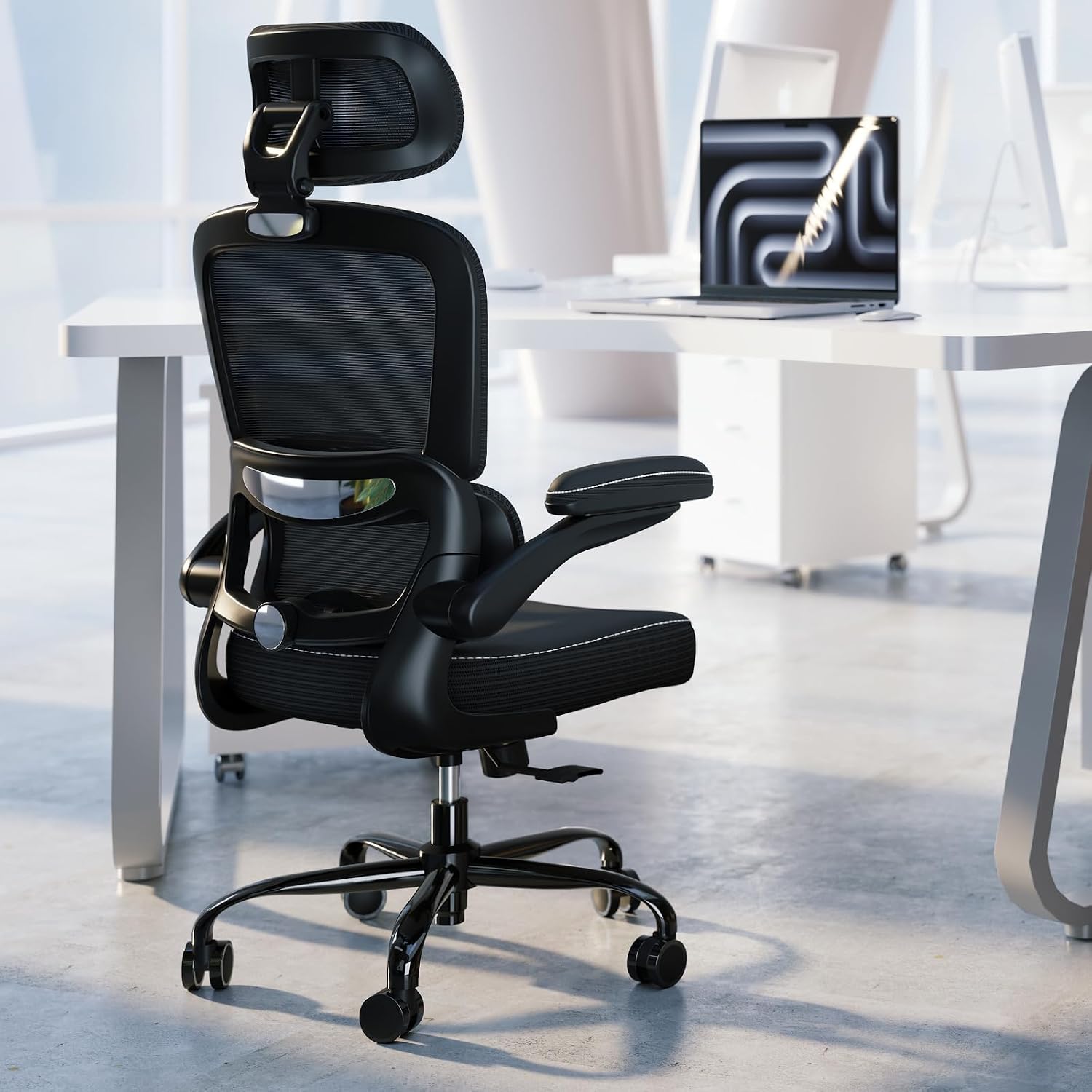 TRALT Ergonomic Office Chair - Desk Chair with Adjustable Headrest Lumbar Support Computer Chair - Mesh Comfy Chair with Flip-up Armrests - Gaming Chair for Adults Home Office PU, Black, Pack of 3