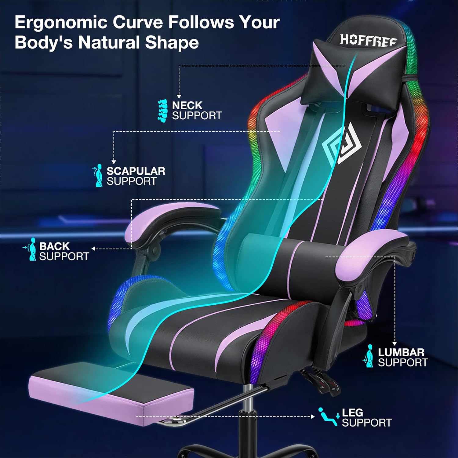 HOFFREE Gaming Chair with LED RGB Lights and Massage Ergonomic Computer Chair with Footrest High Back Video Game Chair with Adjustable Lumbar Support Linkage Armrest Purple and Black