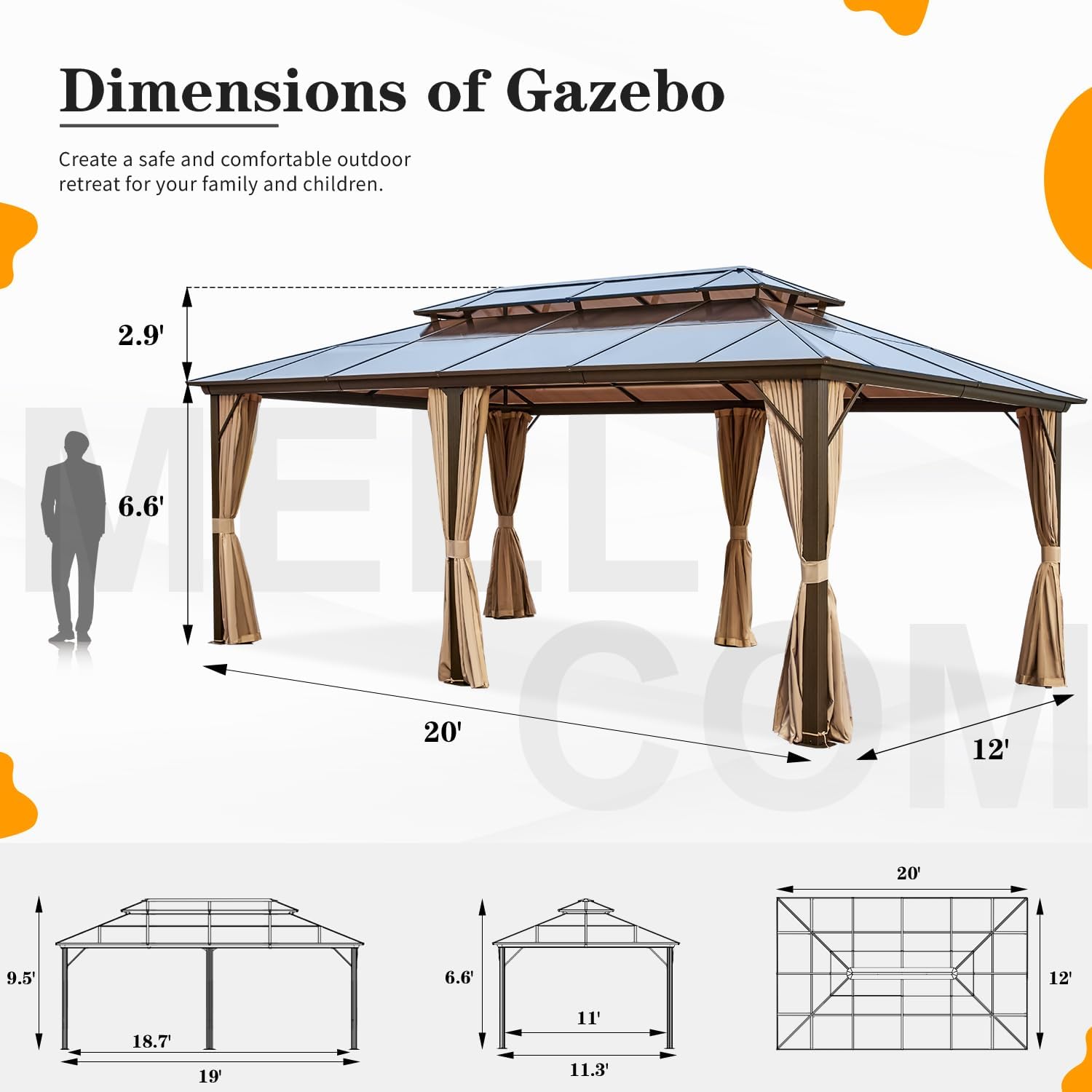 MELLCOM 12'x20' Hardtop Gazebo with Polycarbonate Double Roof, Aluminum Frame Outdoor Gazebo Permanent Pavilion with Curtains and Netting for Patio, Lawn & Garden