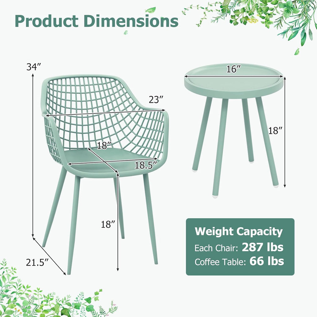 Giantex 3 Piece Patio Furniture Set, Outdoor Bistro Table and Chairs Set of 2, PP Seat & Metal Legs, Small Conversation Set for Balcony Front Porch Deck Backyard Lawn (Mint Green)