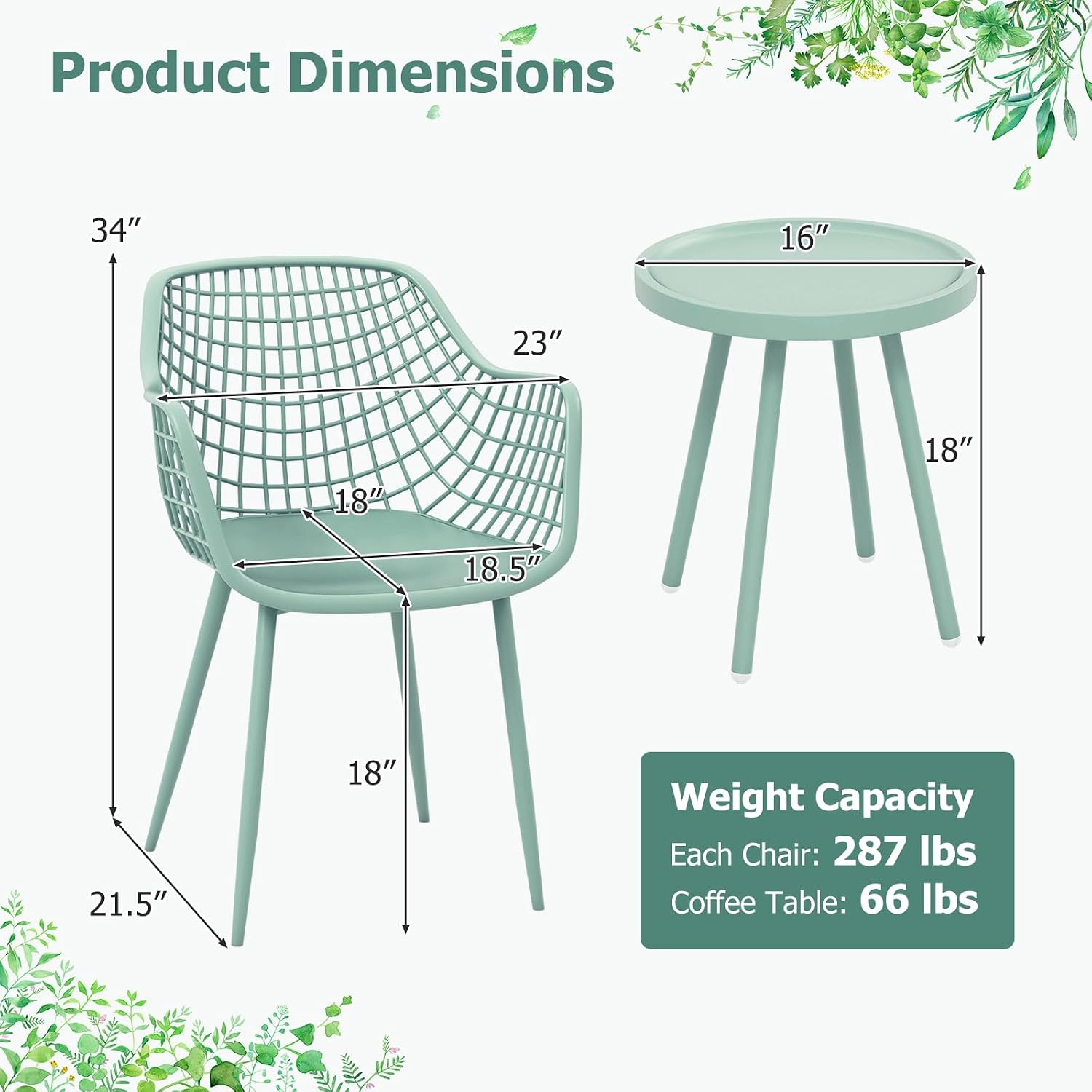 Giantex 3 Piece Patio Furniture Set, Outdoor Bistro Table and Chairs Set of 2, PP Seat & Metal Legs, Small Conversation Set for Balcony Front Porch Deck Backyard Lawn (Mint Green)