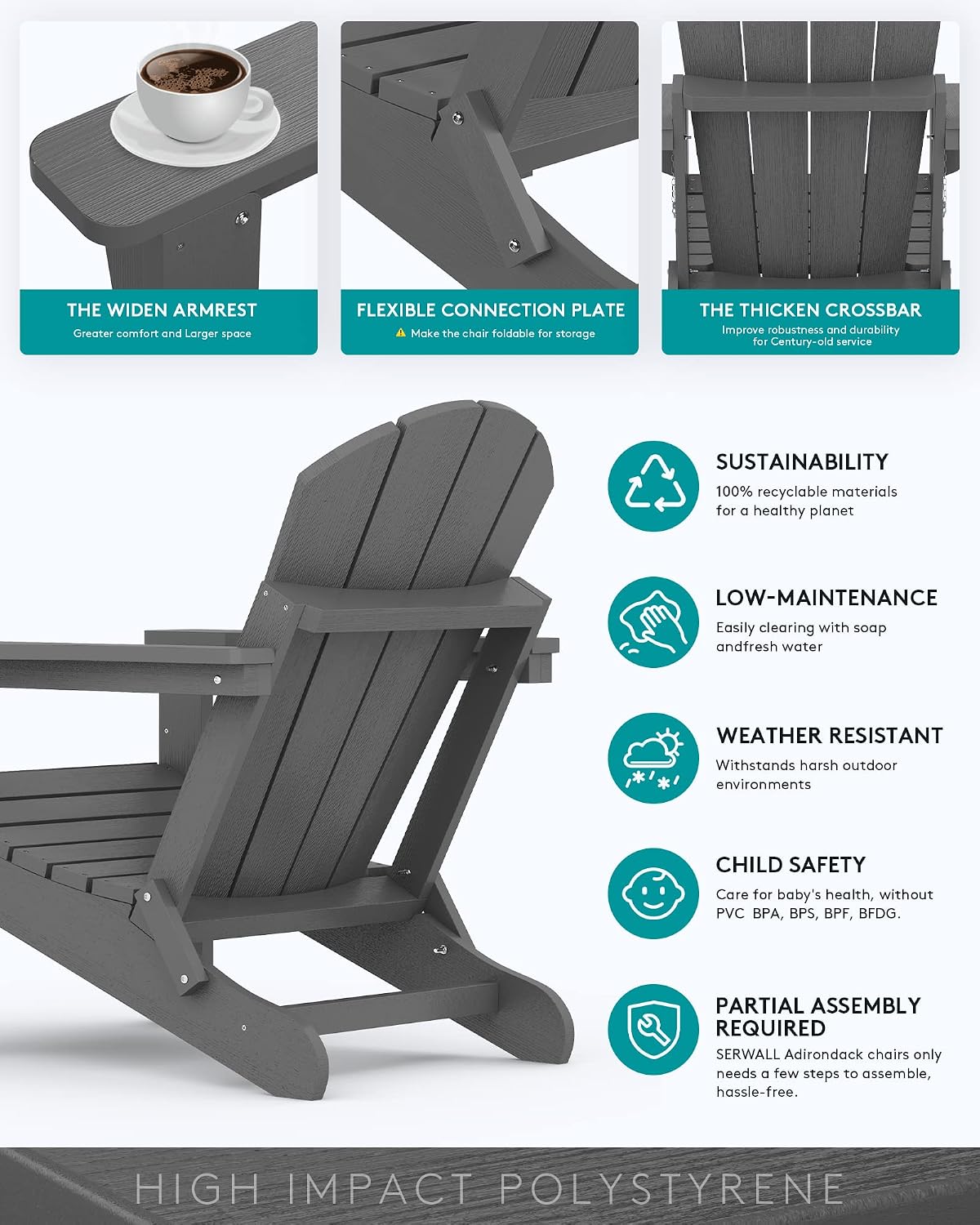 SERWALL Foldable Adirondack Chair Set of 4 for Patio Garden Outdoors Fire Pit-Gray
