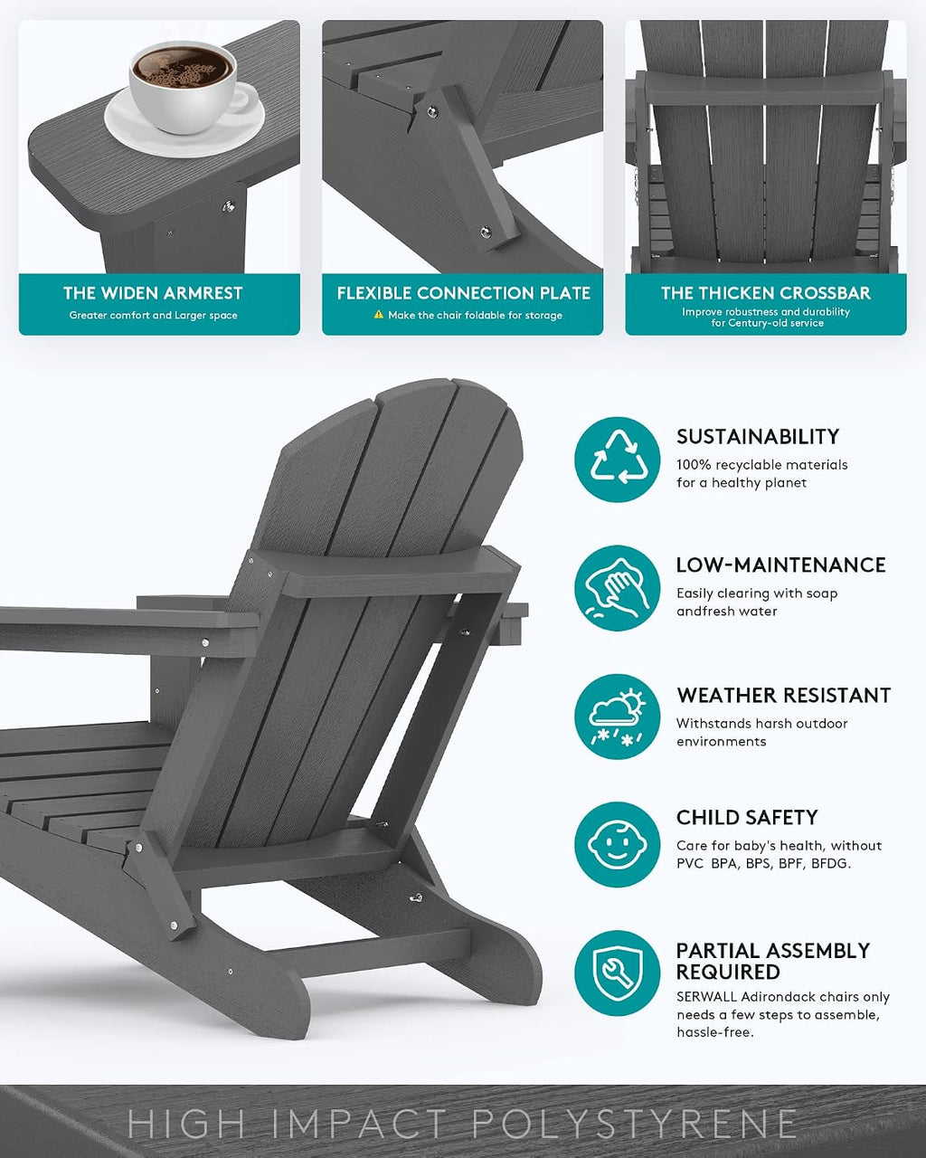 SERWALL Folding Adirondack Chair Set of 6 Weather Resistant Patio Chairs with Wood Texture Fire Pit Chairs- (Folding Gray)