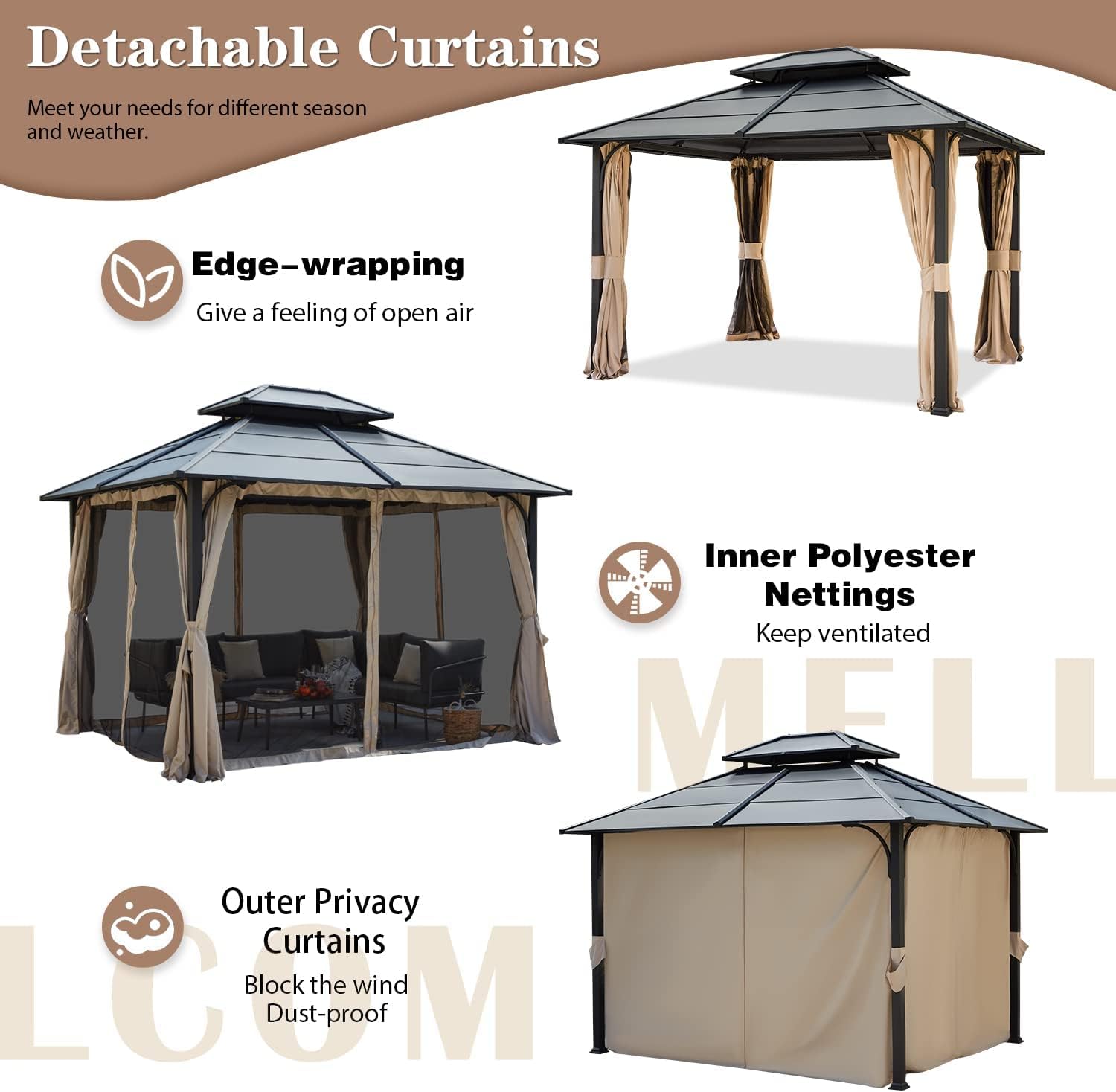 MELLCOM 10'x12' Hardtop Gazebo with Double Roof, Anti-Rust Coating Iron Top Metal Gazebos with Curtains and Netting, Hook Design Waterproof Canopy for Patios, Gardens, Lawns, and Backyards