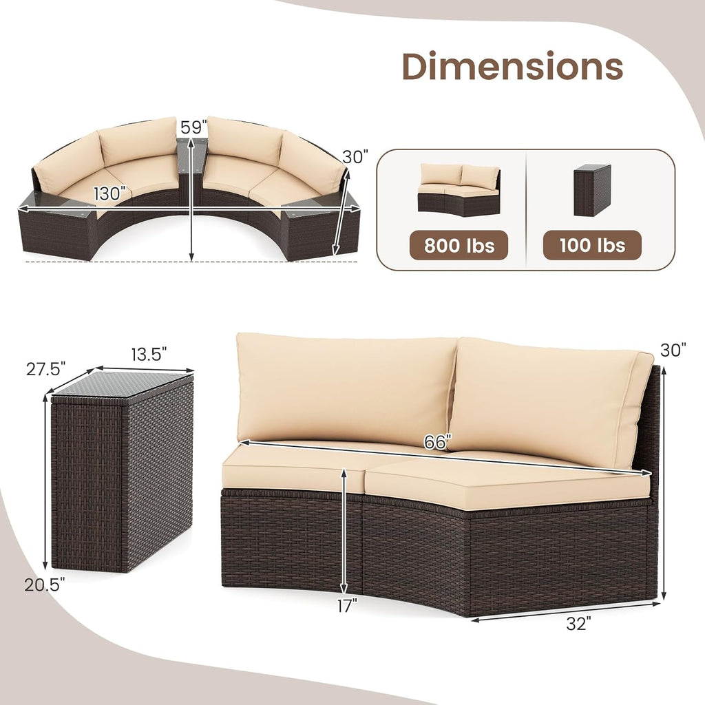 Tangkula 5 Pieces Patio Furniture Set, PE Rattan Half-Moon Curved Sectional Sofas with Tempered Glass Top Side Tables, Outdoor Conversation Set for Porch, Backyard & Poolside (Beige) | Breathable material