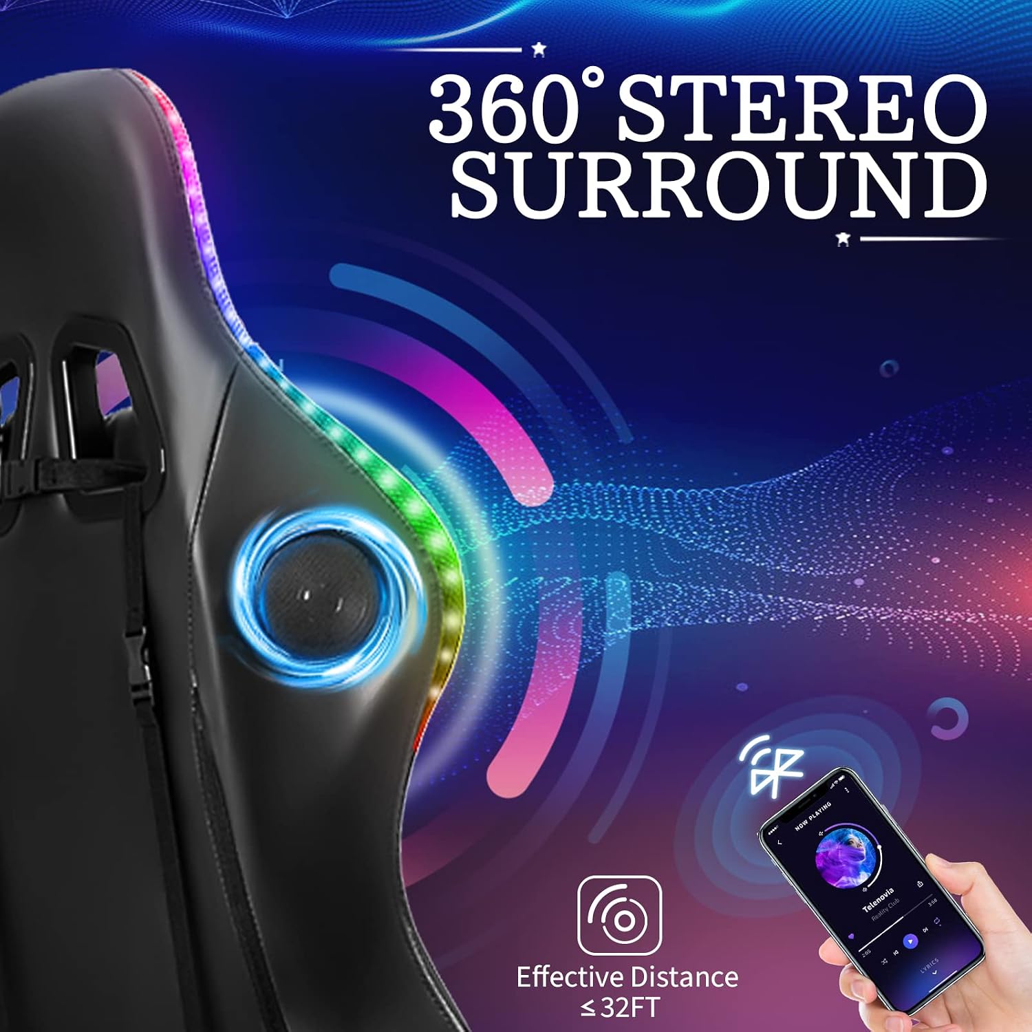 HOFFREE Gaming Chair Massage with Bluetooth Speakers and Led Lights Ergonomic Computer Gaming Chair with Footrest RGB Video Game Chair with High Back Lumbar Support Blue and Black