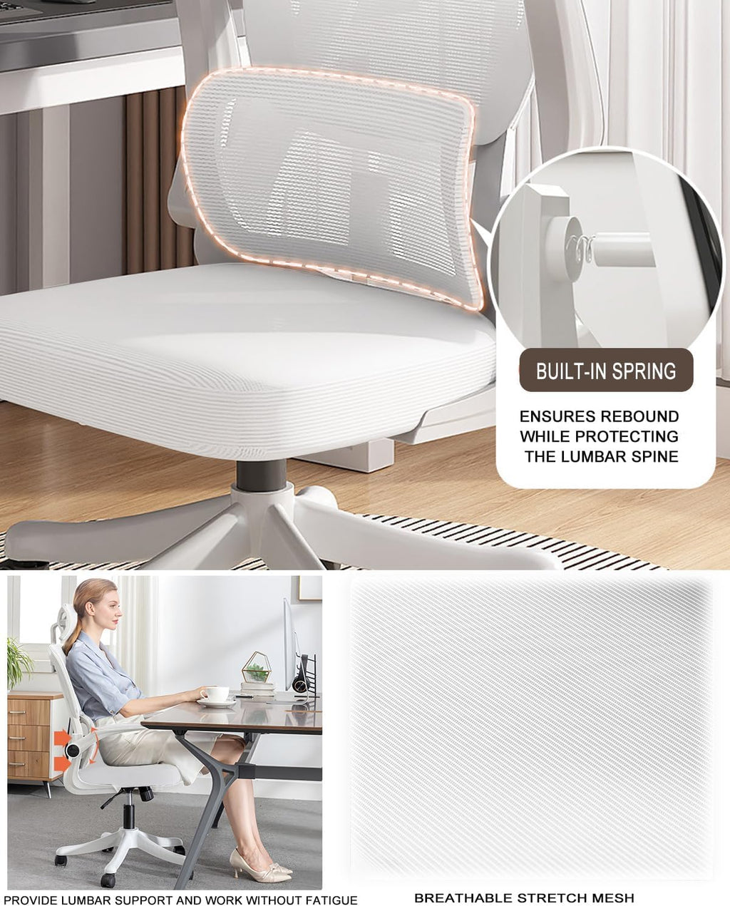 Office Chair Mesh Desk Chair, Ergonomic High-Back Rolling Gaming Work Chairs with Wheels and Adjustable Headrests,Comfortable Flip-up Arms for Home,Bedroom,Study Gaming