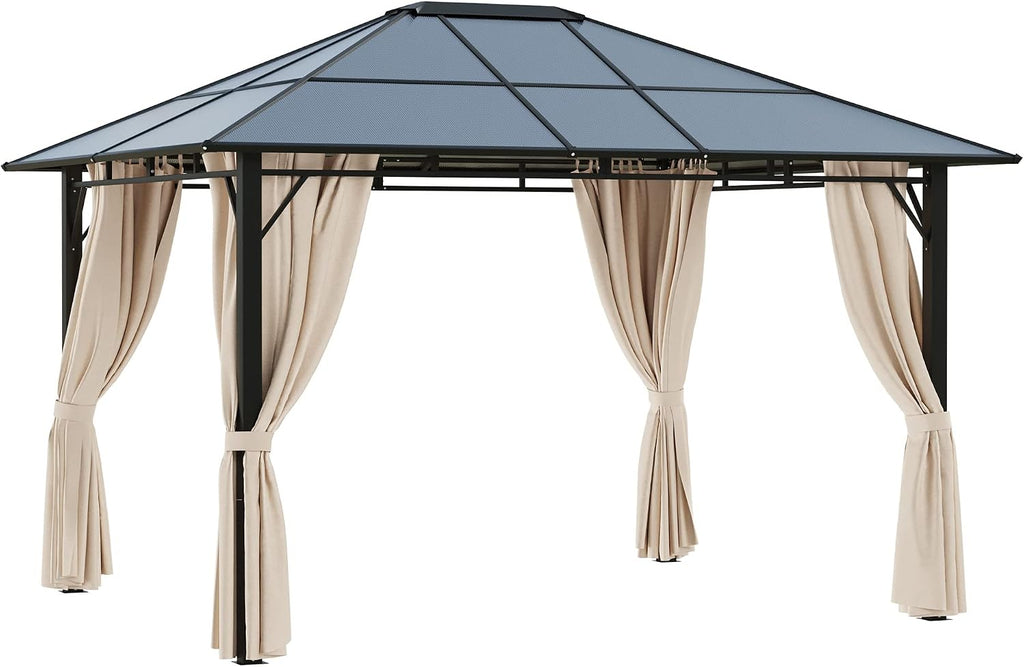Outsunny 10' x 12' Hardtop Gazebo Canopy with Polycarbonate Roof, Aluminum Frame, Permanent Pavilion Outdoor Gazebo with Netting, for Patio, Garden, Backyard, Deck, Lawn, Dark Brown, Off-White