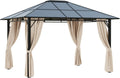 Outsunny 10' x 12' Hardtop Gazebo Canopy with Polycarbonate Roof, Aluminum Frame, Permanent Pavilion Outdoor Gazebo with Netting, for Patio, Garden, Backyard, Deck, Lawn, Dark Brown, Off-White