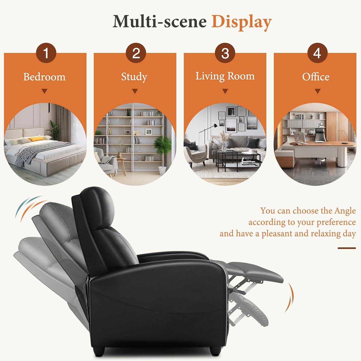 Sweetcrispy Recliner Chair PU Leather Recliner Sofa No Massage, Home Theater Seating with Lumbar Support, Adjustable Push Back Overstuffed High-Density Sponge Reclining for Living Room, Black