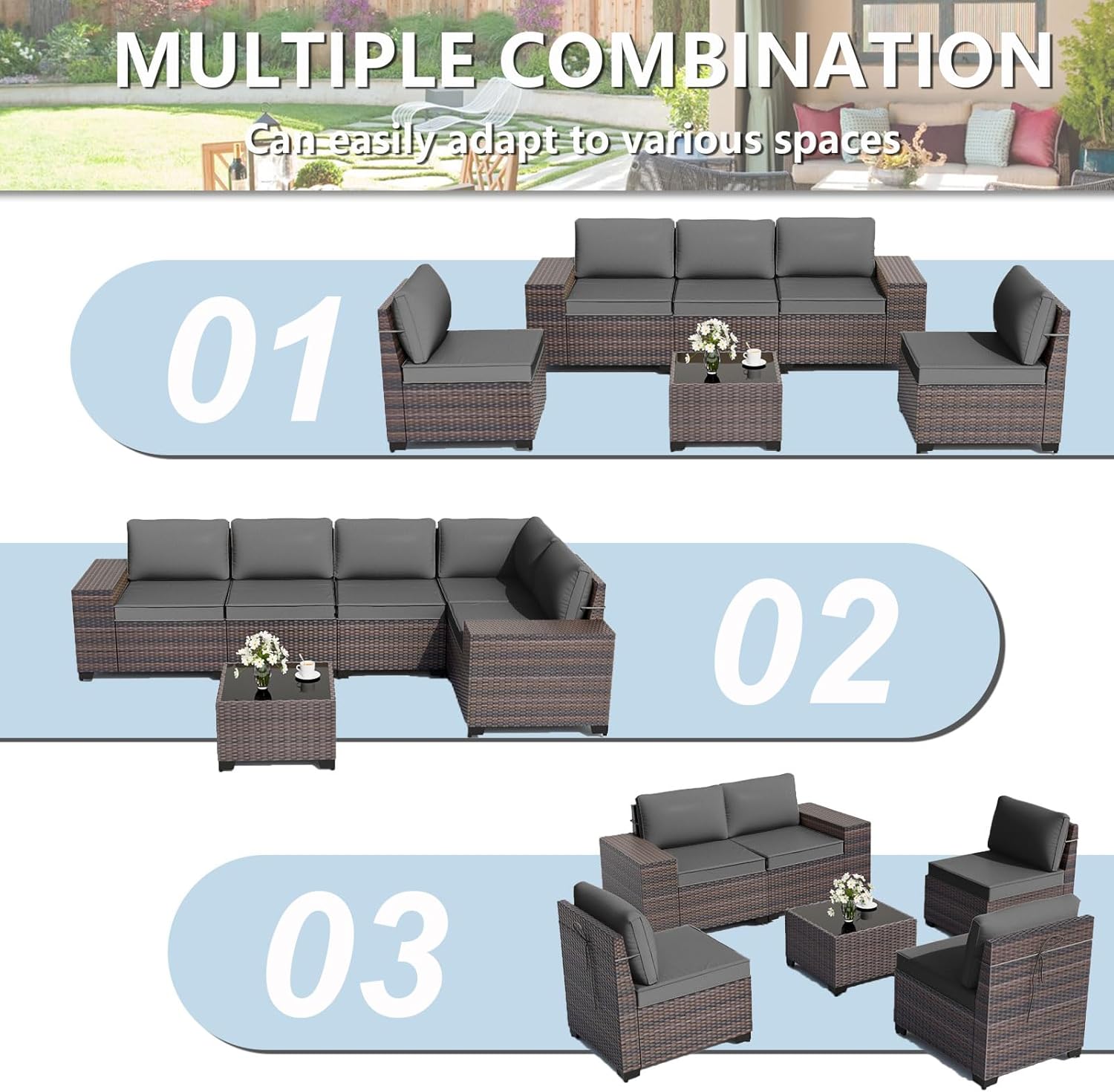 ALAULM 6 Pieces Patio Furniture Set, Oversized Seat/Armrest and High Back Wicker Sectional Furniture Set with Thick Cushion for Backyard, Garden, Grey