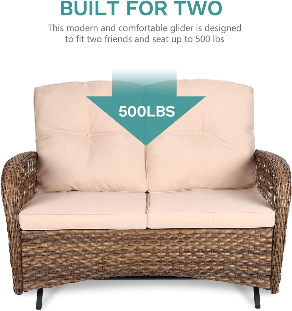 MEETWARM Outdoor Wicker Patio Glider Set, Loveseat for 2 Person Porch Furniture Glider with Glass-Top Coffee Table, Patio Glider Rocking Bench with Thickened Cushions, Brown