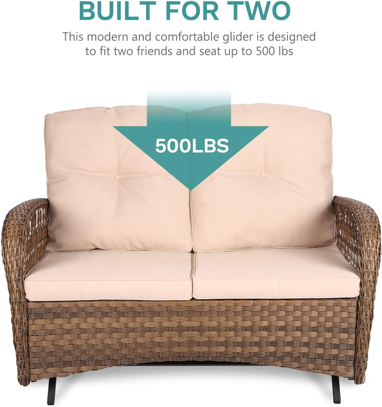 MEETWARM Outdoor Wicker Patio Glider Set, Loveseat for 2 Person Porch Furniture Glider with Glass-Top Coffee Table, Patio Glider Rocking Bench with Thickened Cushions, Brown