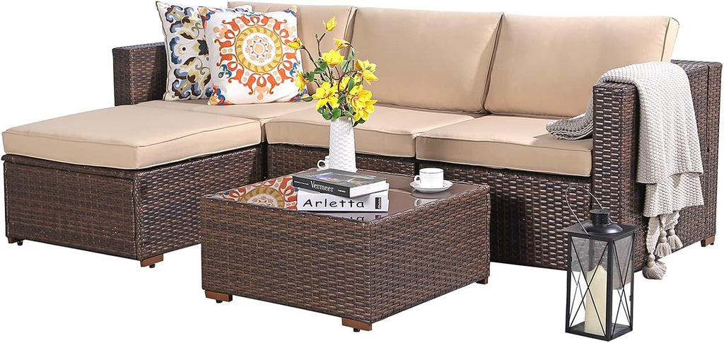 Patiorama 5 Piece Outdoor Patio Furniture Set, Outdoor Sectional Conversation Set, All-Weather Brown PE Wicker w/Beige Cushions, Outdoor Backyard Porch Garden Poolside Balcony Furniture Set