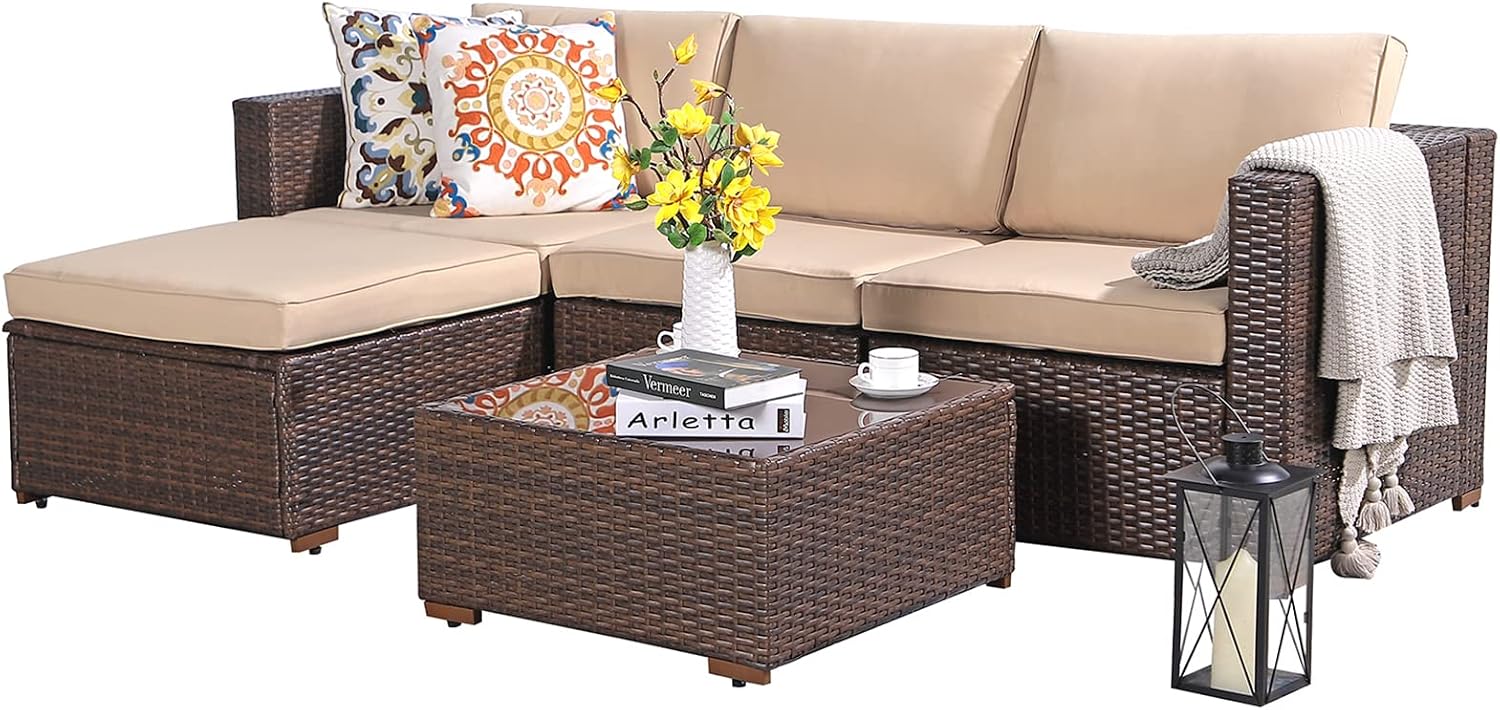 Patiorama 5 Piece Outdoor Patio Furniture Set, Outdoor Sectional Conversation Set, All-Weather Brown PE Wicker w/Beige Cushions, Outdoor Backyard Porch Garden Poolside Balcony Furniture Set