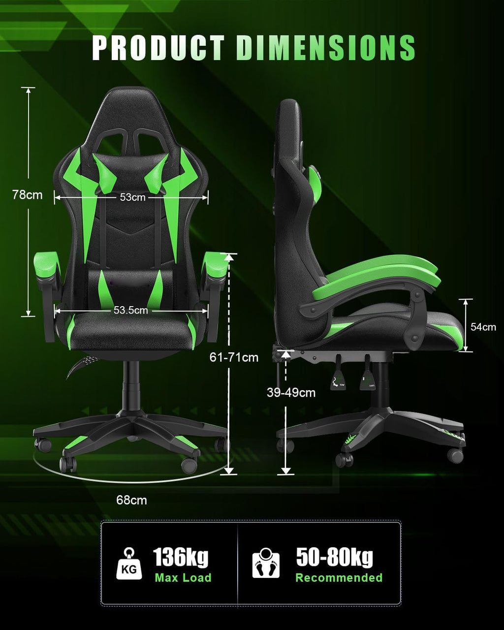 Racingreat Gaming Chair with RGB LED Lights, Ergonomic Computer Chair with Headrest and Lumbar Support, PU Leather High Back Height Adjustable Swivel Video Game Chairs for Adults(Green)