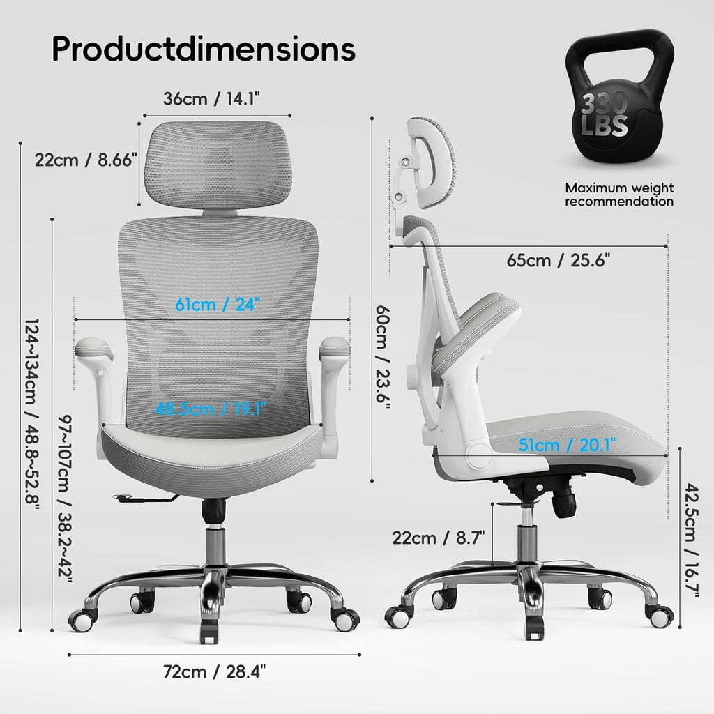 Ergalithic Ergonomic Office Chair-Computer X-Shaped Chair Mesh PU Leather with Adjustable Lumbar Support-Executive Desk Chair High Back with Headrest Flip-Up Arms for Long Hours (White-Grey)