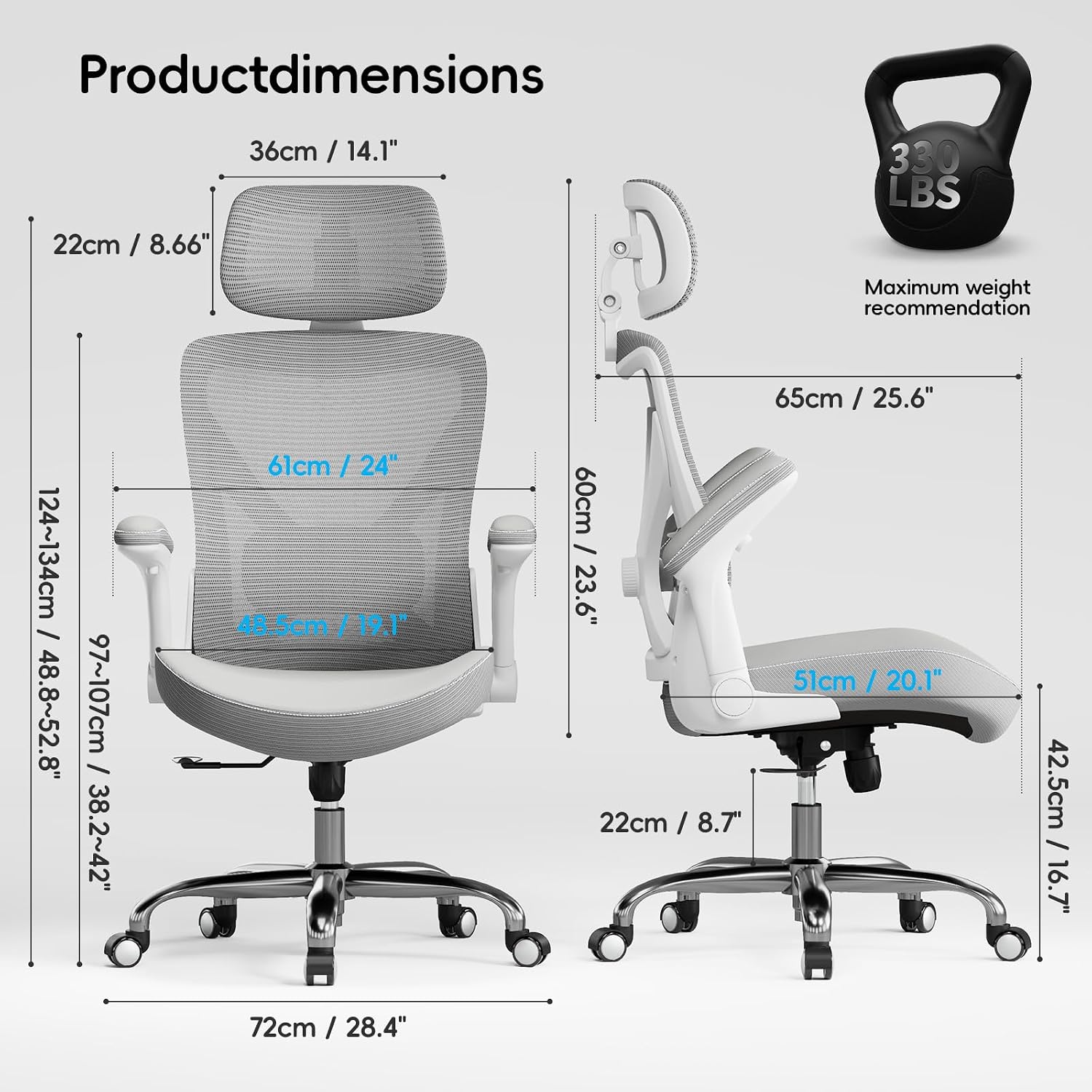 Ergalithic Ergonomic Office Chair-Computer X-Shaped Chair Mesh PU Leather with Adjustable Lumbar Support-Executive Desk Chair High Back with Headrest Flip-Up Arms for Long Hours (White-Grey)