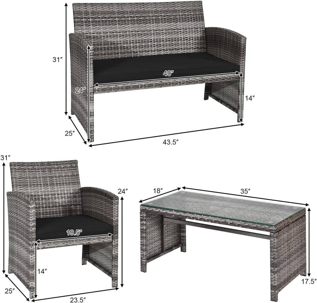 COSTWAY Patio Furniture Set 4 Pieces, Outdoor Wicker Chairs Sofa w/Coffee Table and Soft Cushions, Rattan Conversation Sets for Patio Lawn Backyard Yard Pool Garden, Black
