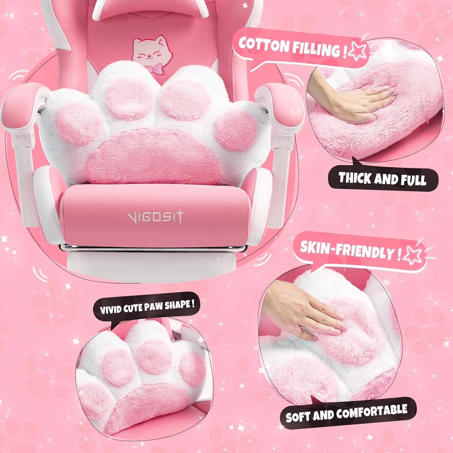 Vigosit Cute Cat Gaming Chair with Paw Lumbar Cushion, PC Video Gamer Chair for Girl Teen Woman (Pink)