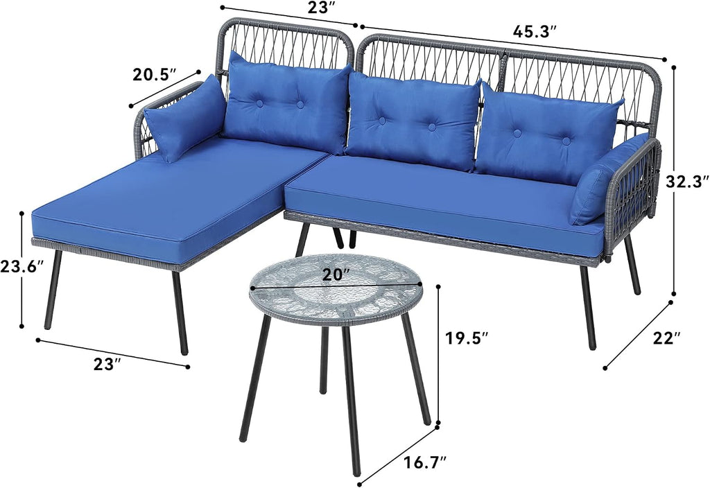 YITAHOME Patio Furniture L-Shaped Coversation Sectional Outdoor Sofa Set for Backyard, Porch with Thick Cushions Detachable Lounger, Side Table (Gray+Navy Blue)