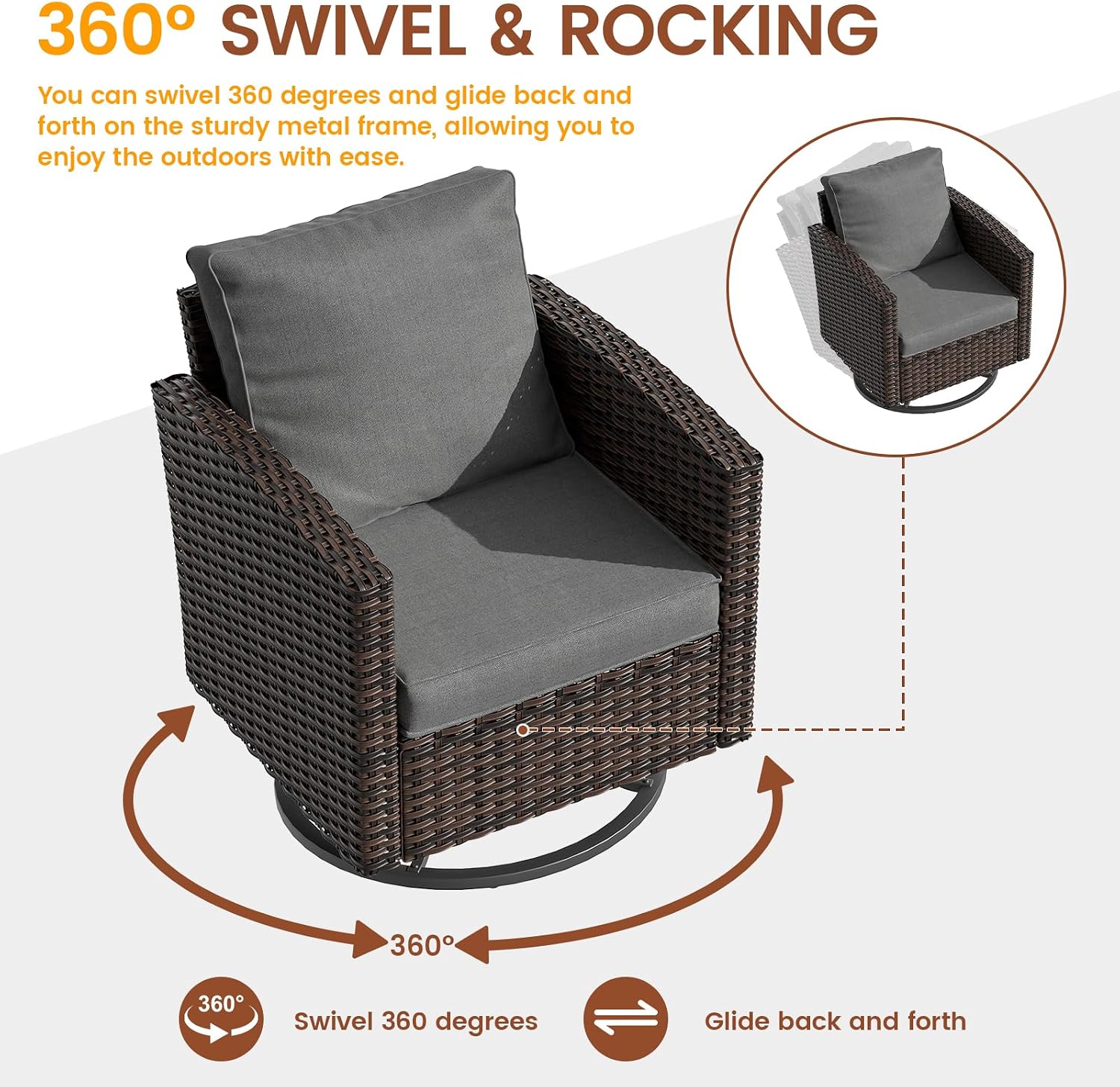 UDPATIO Patio Furniture Set, 6 Pieces Outdoor Sectional Couch with Swivel Rocking Chair, Brown Wicker Rattan Conversation Sofa, 4' Thick Cushion for Garden Backyard Deck, Dark Grey
