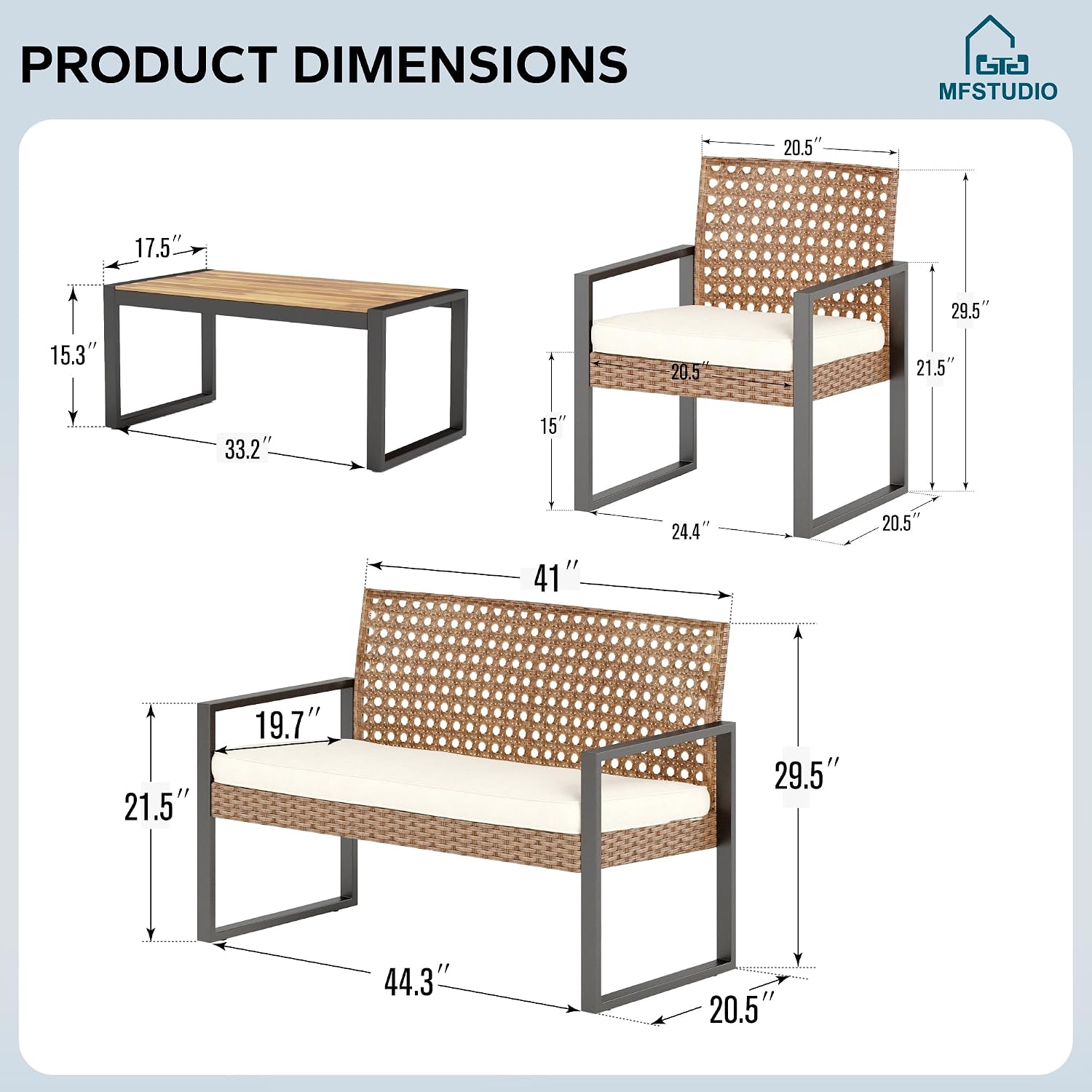 MFSTUDIO 4 Piece Wicker Patio Furniture Set, Small Patio Sofa with Loveseat & Chaise & Acacia Wood Table, Outdoor Sectional Couch with Wood Table, Beige