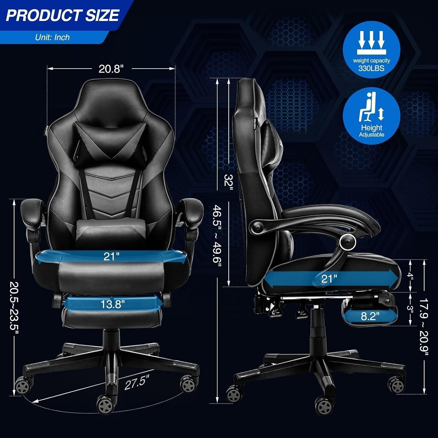 ELECWISH Gaming Chair, Backrest and Seat Height Adjustable Swivel Recliner Racing Office Computer Ergonomic Video Game Chair with Footrest and Lumbar Support, Gray