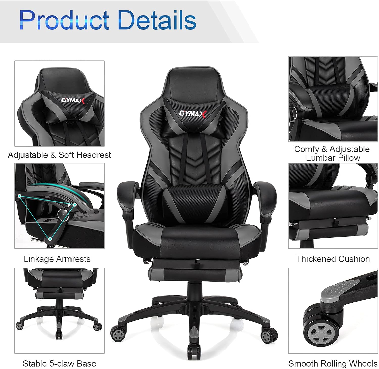 GYMAX Gaming Chair, Ergonomic Computer Chair with Footrest, Linkage Armrests & Lumbar Cushion, Big Wide High Back Video Gaming Chair, Reclining Office Rolling Chair for Adult/Teens (Gray)