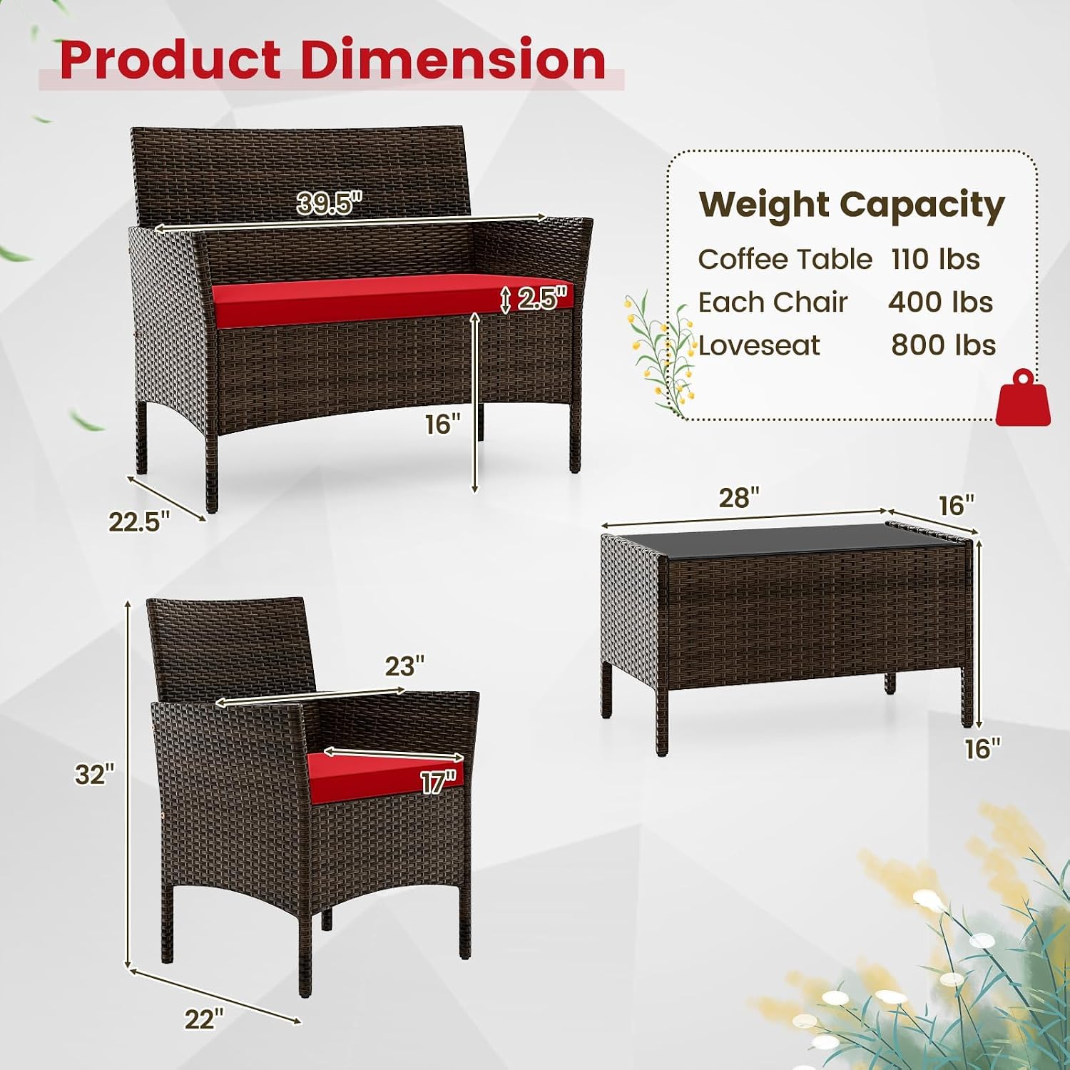 HAPPYGRILL 4PCS Patio Furniture Set Outdoor Rattan Wicker Conversation Set with Cushioned Sofa and Coffee Table for Porch Backyard Garden Poolside