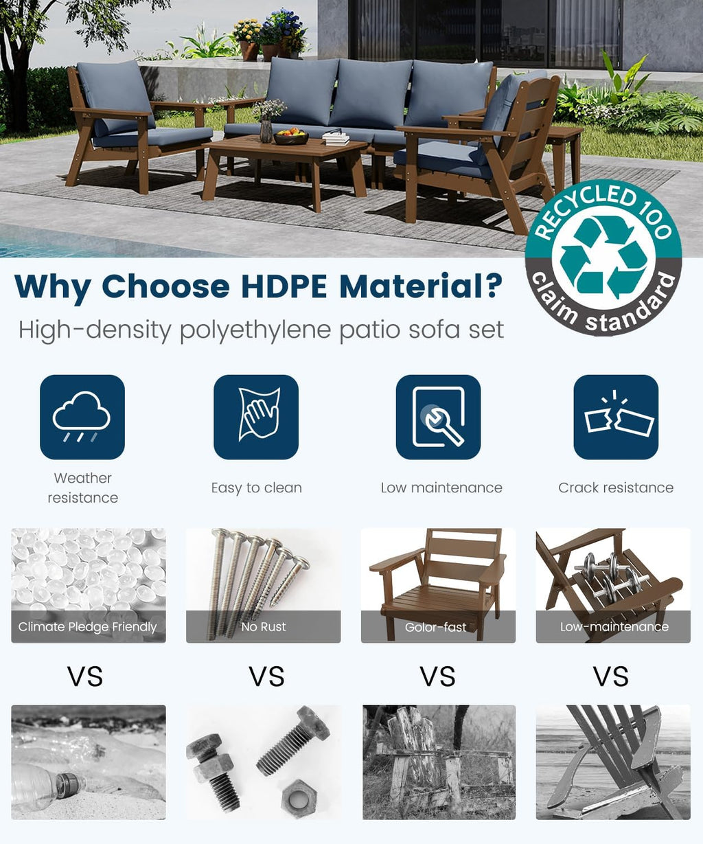 FOOWIN 7-Piece Patio Furniture Set, HDPE All-Weather Outdoor Conversation Set with Thick Cushions, Sectional Patio Sofa Furniture for Deck, Porch, Lawn, Garden, Brown Frame & Grey Cushion