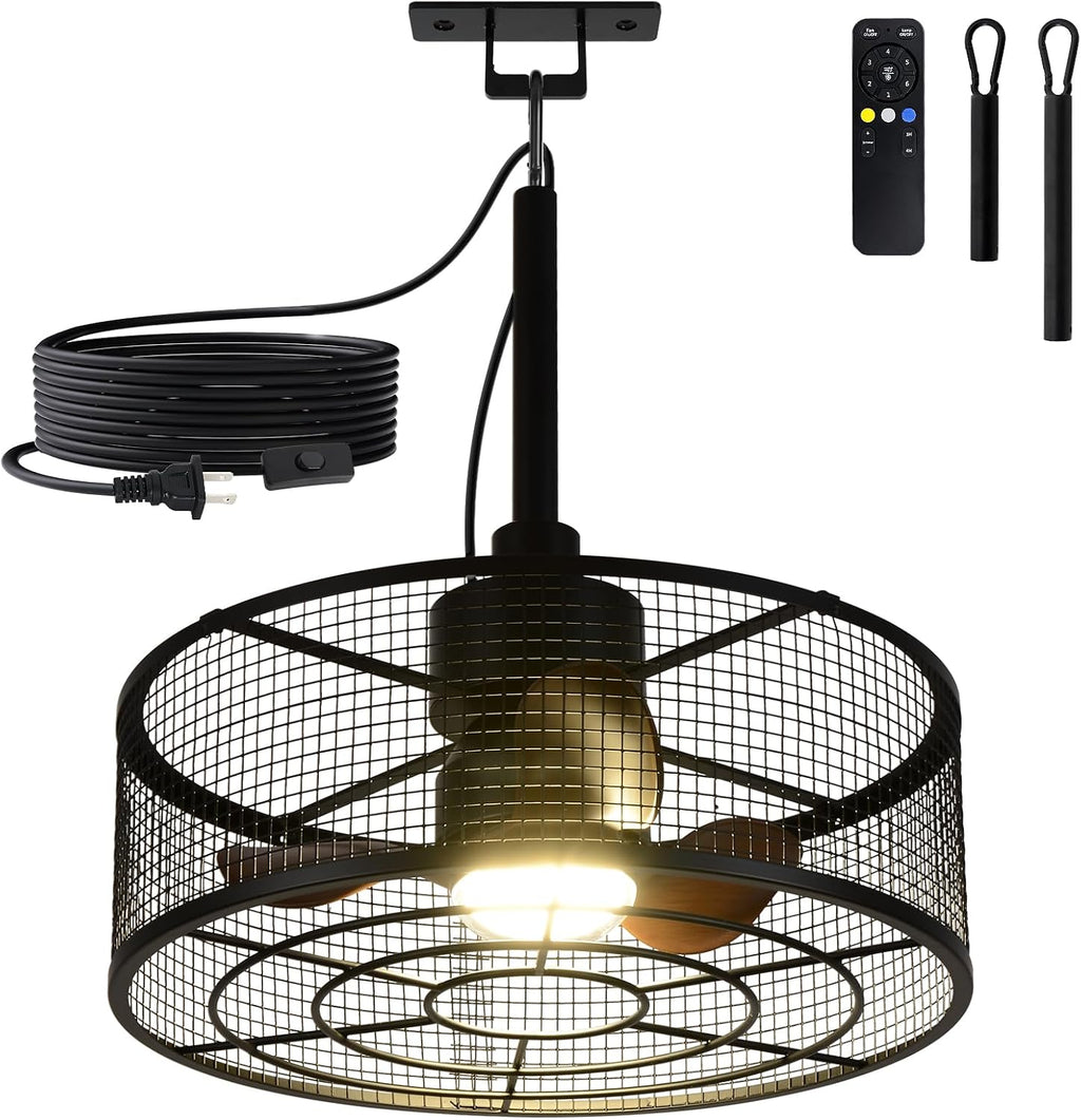 ZHENYANGL 18.11' Outdoor Ceiling Fan with Light and Remote LED Black Industrial Caged Ceiling Fan Light Fixture with Hook IP 54 Waterproof Plug in Fan Lights for Patios, Porch, Pergola, Canopy, Gazebo
