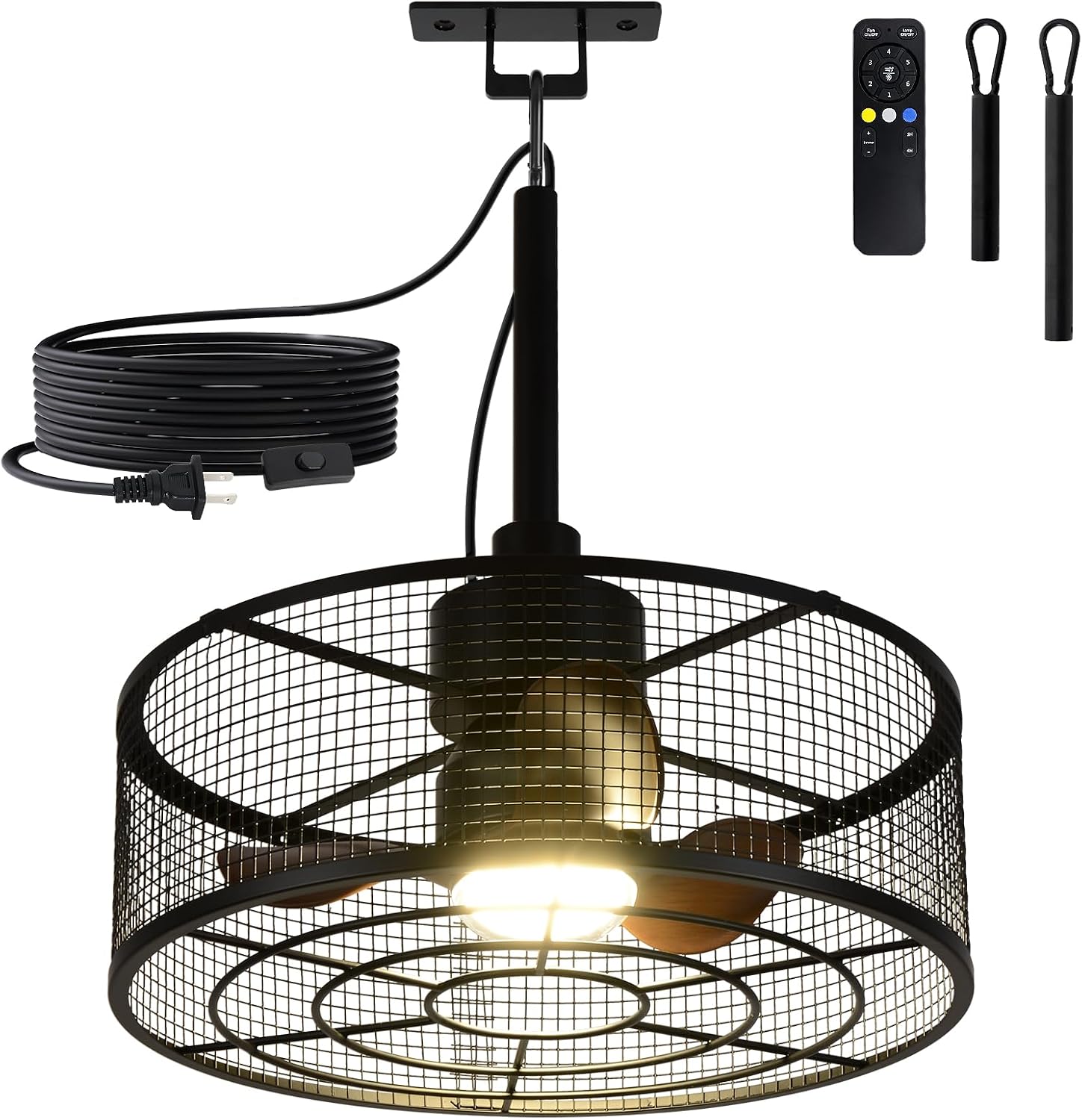 ZHENYANGL 18.11' Outdoor Ceiling Fan with Light and Remote LED Black Industrial Caged Ceiling Fan Light Fixture with Hook IP 54 Waterproof Plug in Fan Lights for Patios, Porch, Pergola, Canopy, Gazebo
