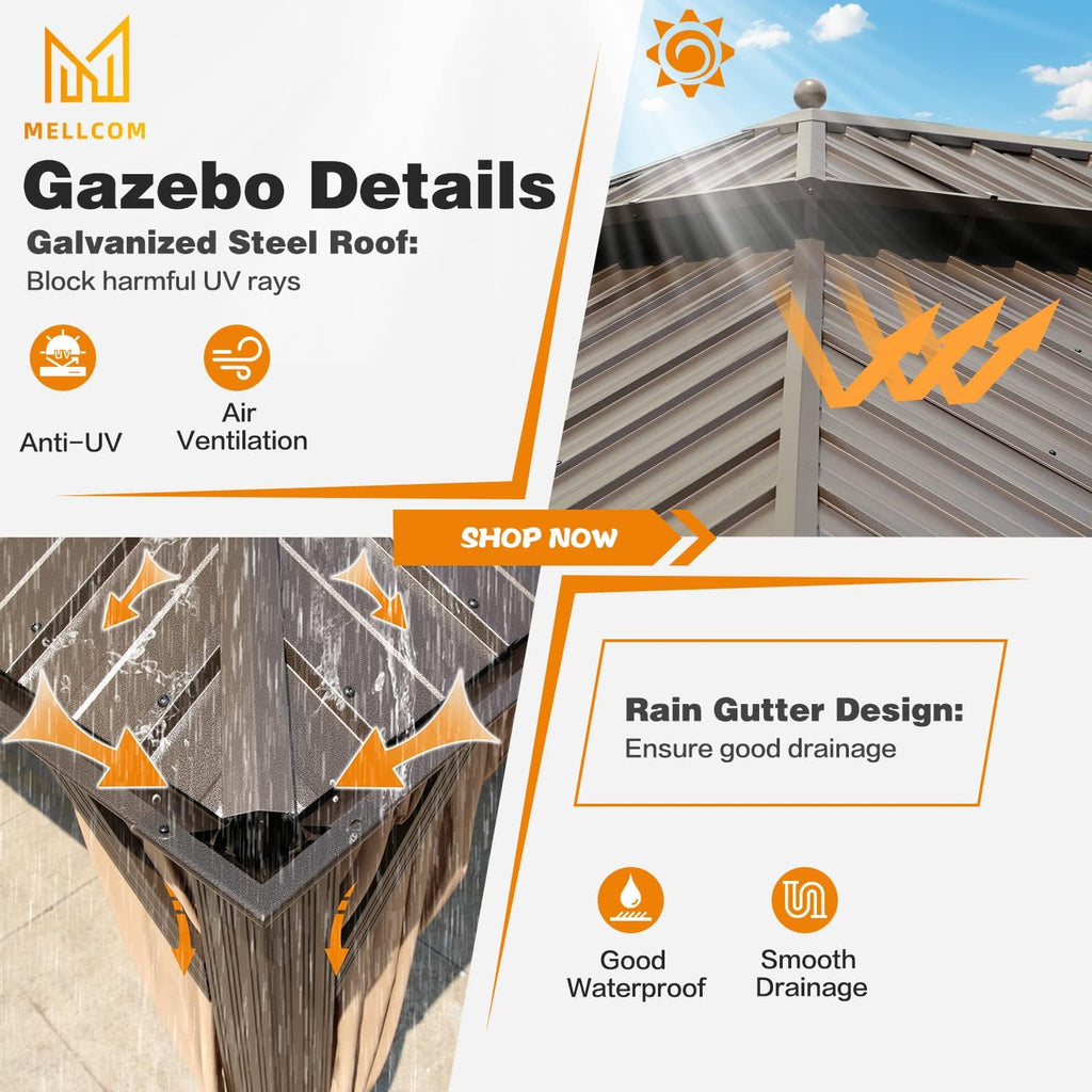 MELLCOM 14'x20' Hardtop Gazebo, Galvanized Steel Metal Double Roof Aluminum Gazebos with Curtain and Netting, Brown Permanent Pavilion Gazebo with Aluminum Frame for Patios, Gardens, Lawn