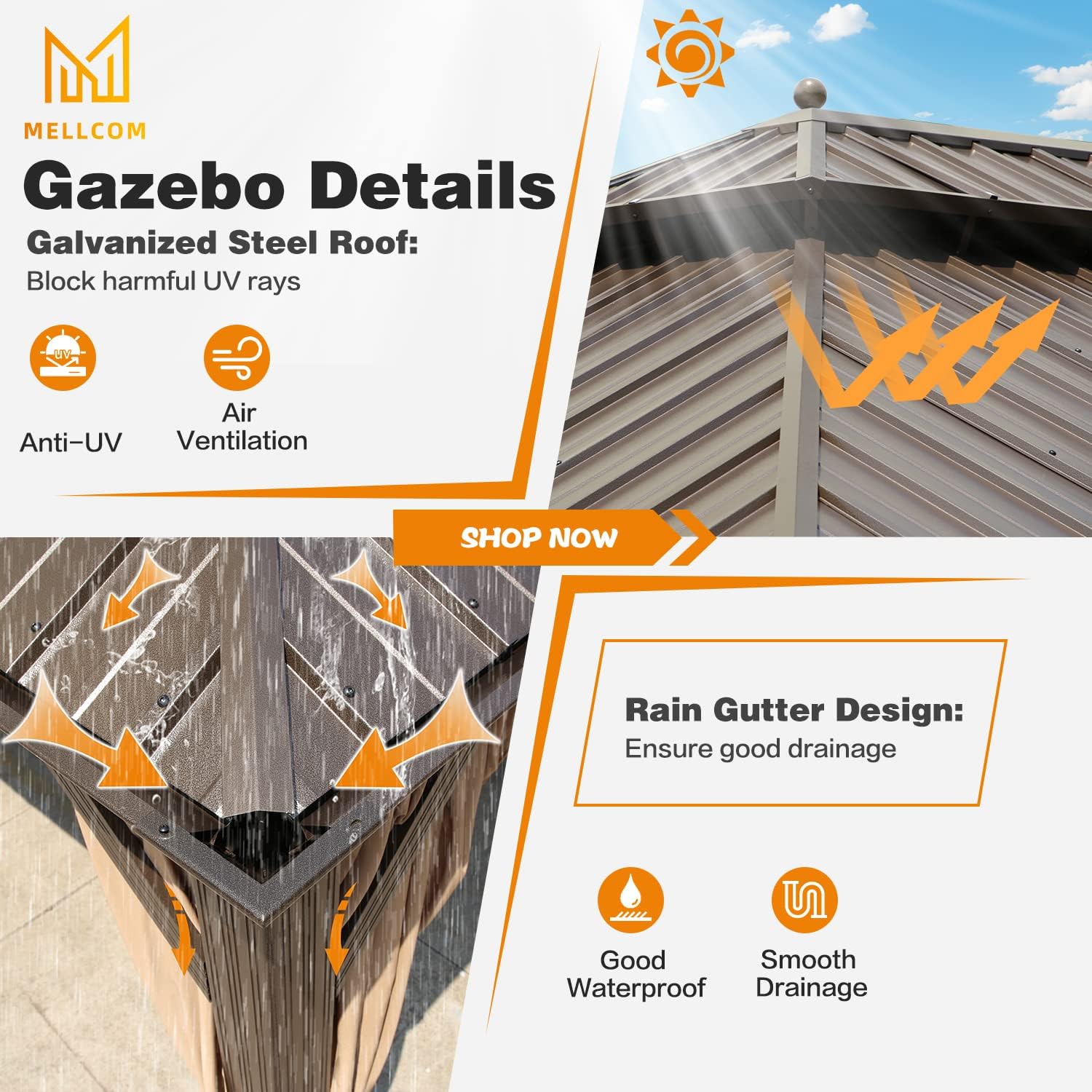 MELLCOM 14'x20' Hardtop Gazebo, Galvanized Steel Metal Double Roof Aluminum Gazebos with Curtain and Netting, Brown Permanent Pavilion Gazebo with Aluminum Frame for Patios, Gardens, Lawn