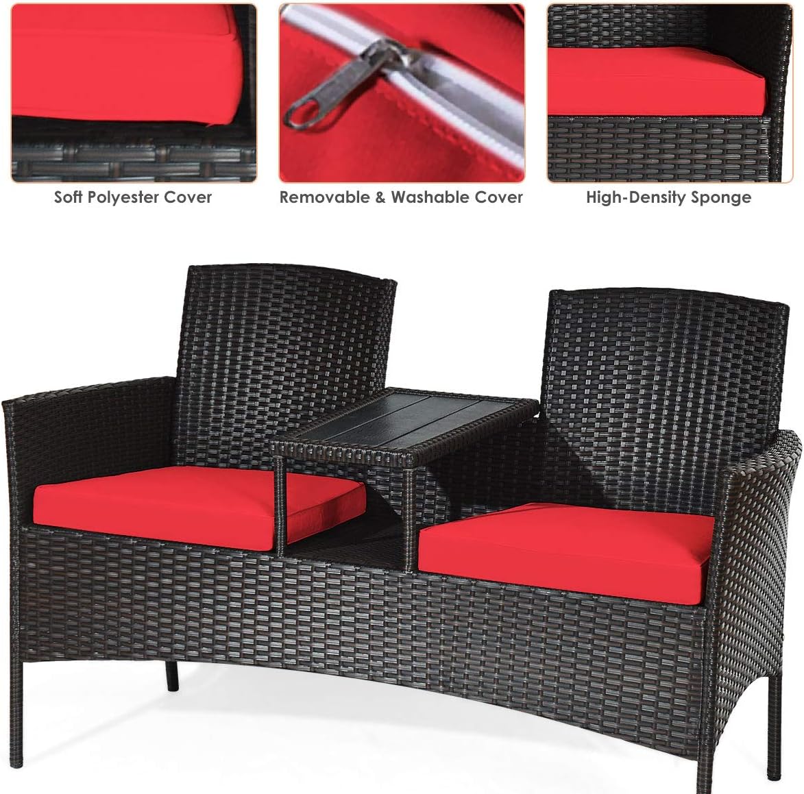 COSTWAY 2-Seat Patio Conversation Sets, Outdoor Patio Loveseat Set with Removable Cushions & Built-in Coffee Table for Backyard, Garden, Lawn, Balcony, Brown+Red